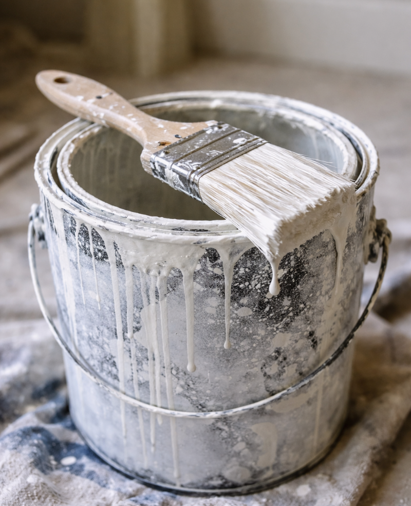 Paint bucket with a brush covered in paint